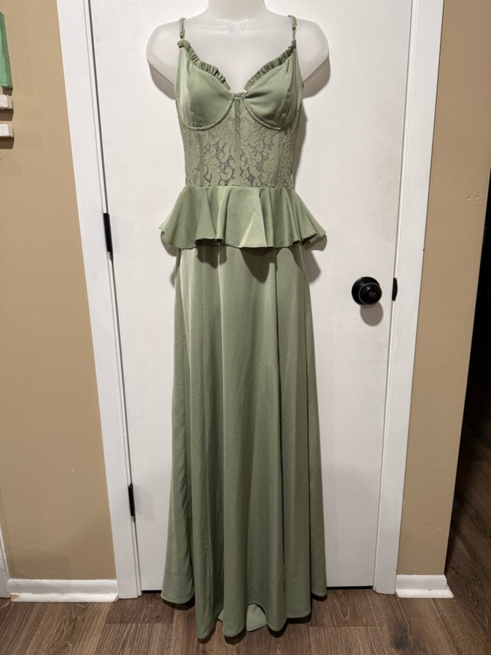 Vici Sage Green Lace Peplum Maxi Dress-#1420